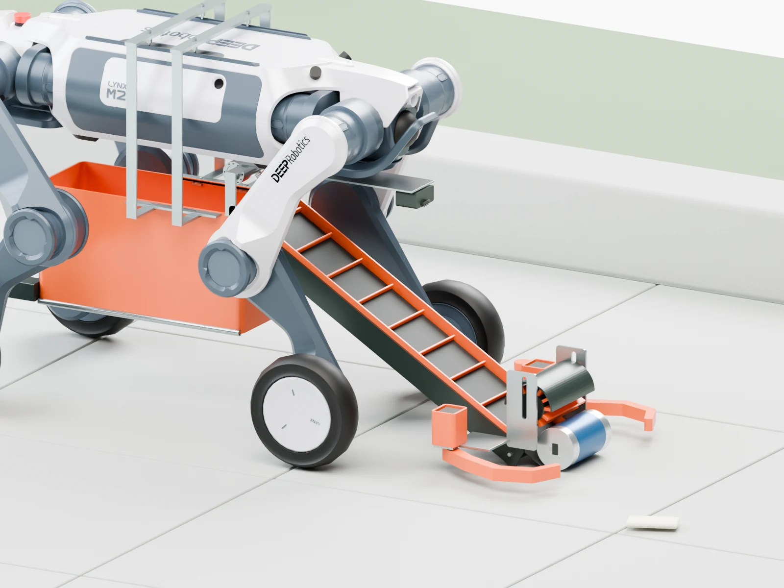 CAD design of Blazer with paired collectors, a narrow conveyor and an orange bin suspended beneath the chassis.